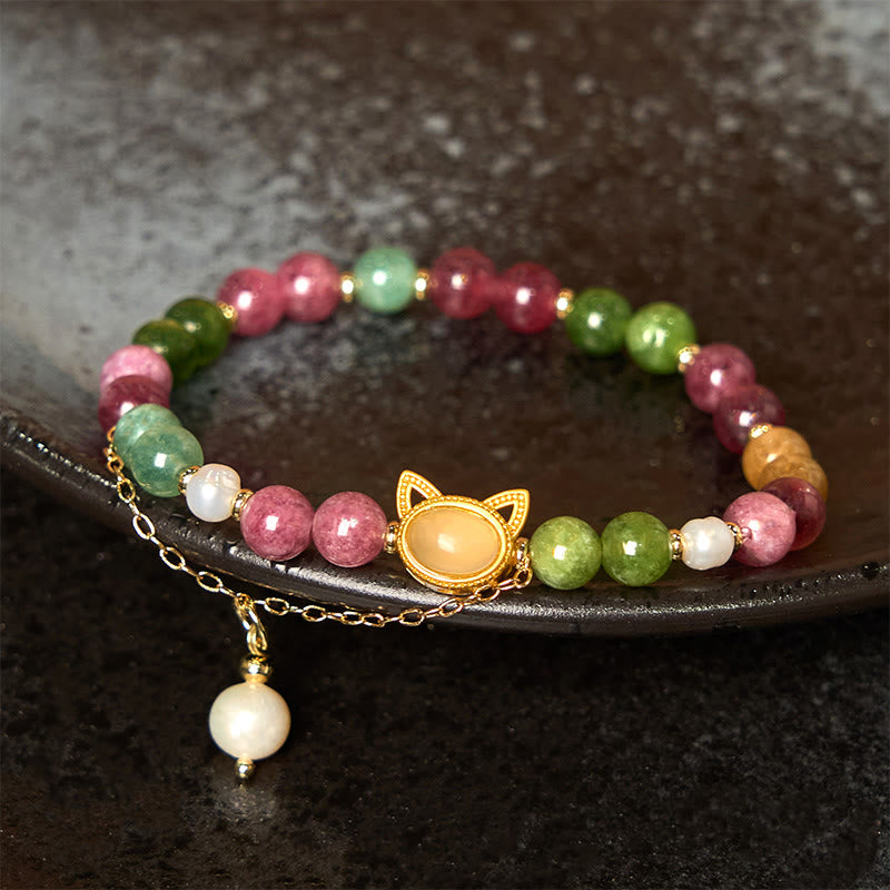 Buddha Stones Colorful Tourmaline Lucky Cat Positive Bracelet - Tourmaline Lucky Cat(Wrist Circumference: 14-16cm) - image 1