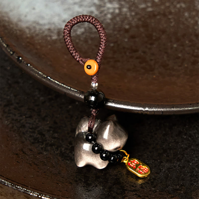 Buddha Stones Silver Sheen Obsidian Black Obsidian Gold Sheen Obsidian Cute Cat Fu Character Protection Key Chain Phone Hanging Decoration - image 10