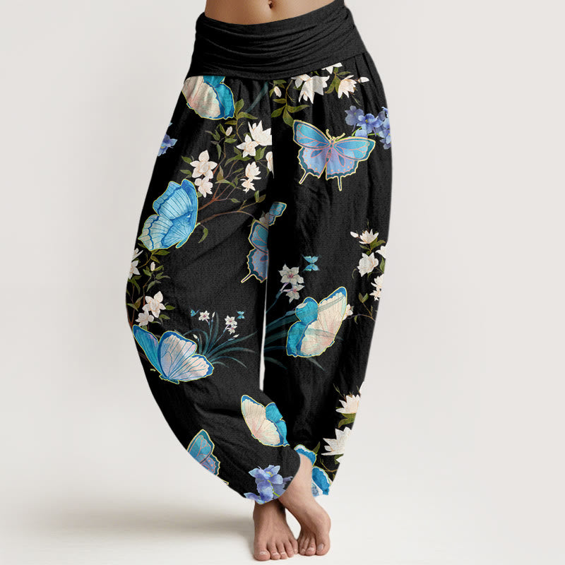 Buddha Stones Casual Butterfly And Flower Pattern Women's Elastic Waist Harem Pants - Black - US22，UK/AU26，EU54 (6XL) - image 1