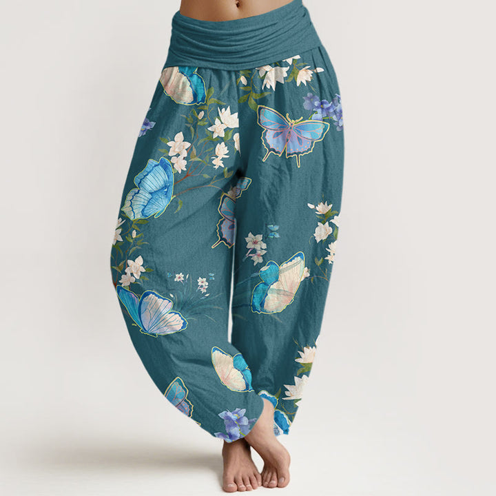 Buddha Stones Casual Butterfly And Flower Pattern Women's Elastic Waist Harem Pants - DarkCyan - US22，UK/AU26，EU54 (6XL) - image 5