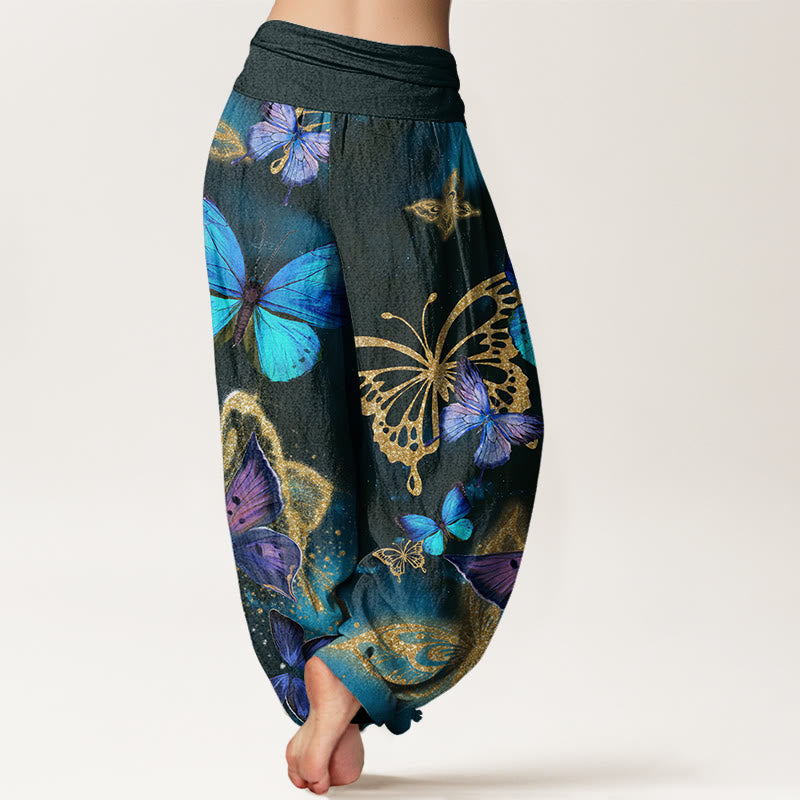 Buddha Stones Casual Butterfly Gold Pattern Women's Elastic Waist Harem Pants - image 3