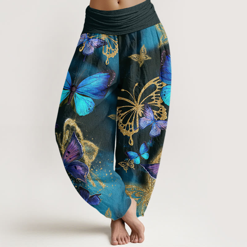 Buddha Stones Casual Butterfly Gold Pattern Women's Elastic Waist Harem Pants - DarkSlateGray - US22，UK/AU26，EU54 (6XL) - image 1