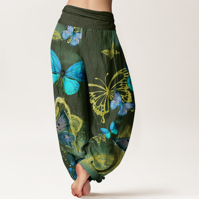 Buddha Stones Cotton Casual Butterfly Gold Pattern Women's Elastic Waist Harem Pants - image 6