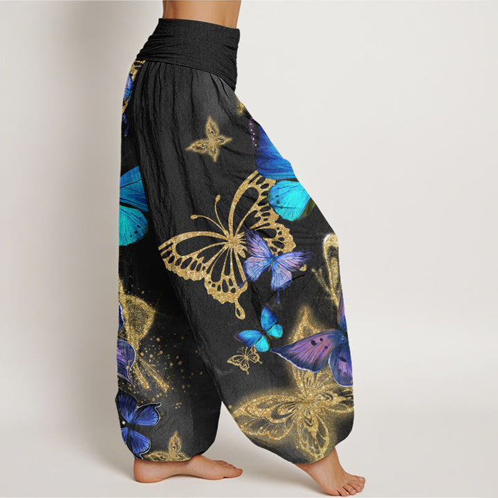 Buddha Stones Cotton Casual Butterfly Gold Pattern Women's Elastic Waist Harem Pants - image 8