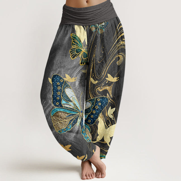 Buddha Stones Casual Butterfly Gold Line Pattern Women's Elastic Waist Harem Pants - DimGray - US22，UK/AU26，EU54 (6XL) - image 1