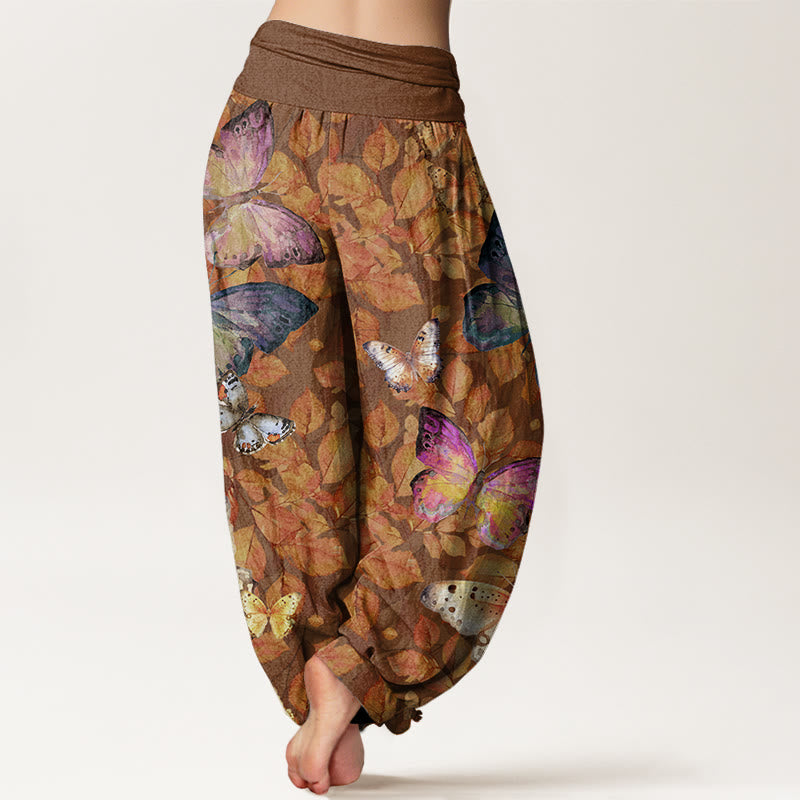 Buddha Stones Casual Vivid Butterfly Dead Leaves Pattern Women's Elastic Waist Harem Pants - image 3