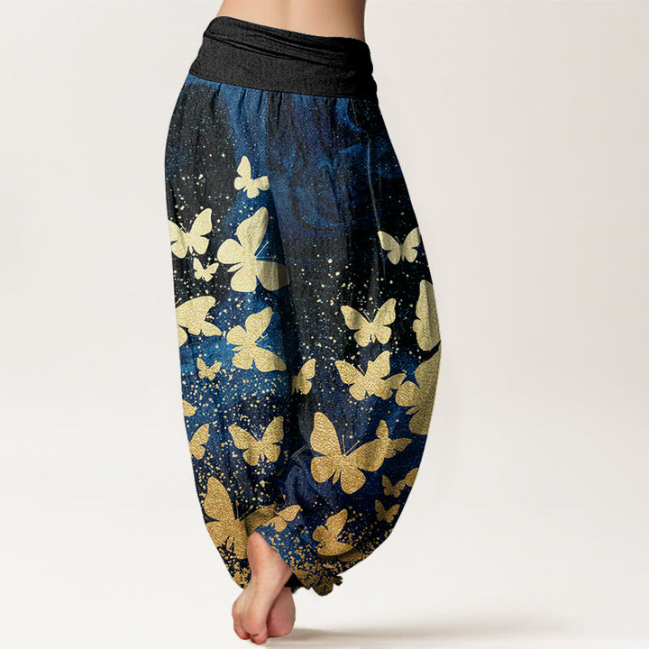 Buddha Stones Cotton Casual Golden Butterfly Pattern Women's Elastic Waist Harem Pants - image 2