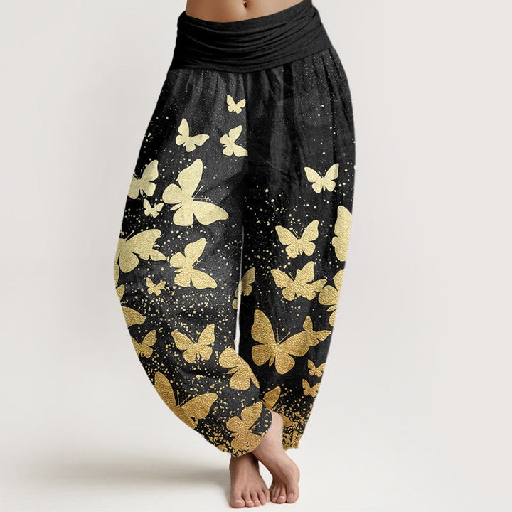 Buddha Stones Casual Golden Butterfly Pattern Women's Elastic Waist Harem Pants - Black - US22，UK/AU26，EU54 (6XL) - image 8