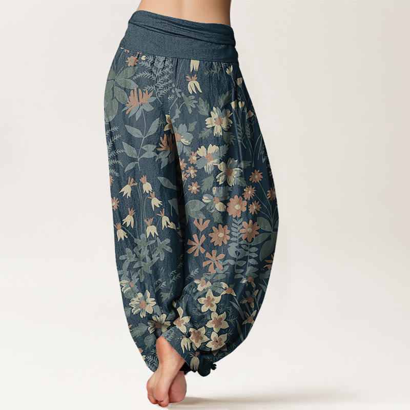 Buddha Stones Cotton Casual Daisy Flowers Leaves Design Women's Elastic Waist Harem Pants - image 2