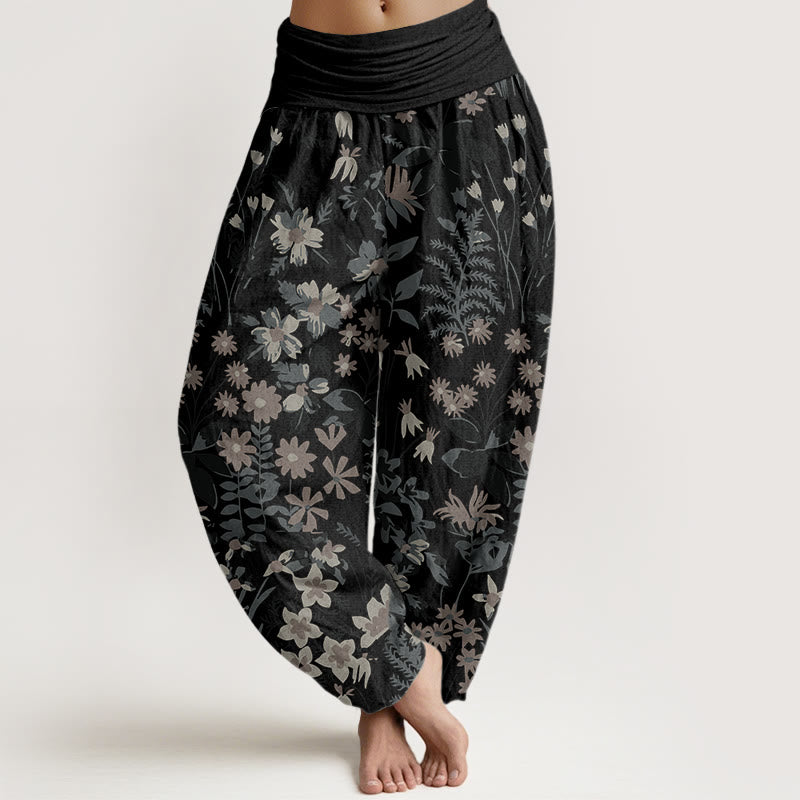 Buddha Stones Cotton Casual Daisy Flowers Leaves Design Women's Elastic Waist Harem Pants - Black - US22，UK/AU26，EU54 (6XL) - image 4