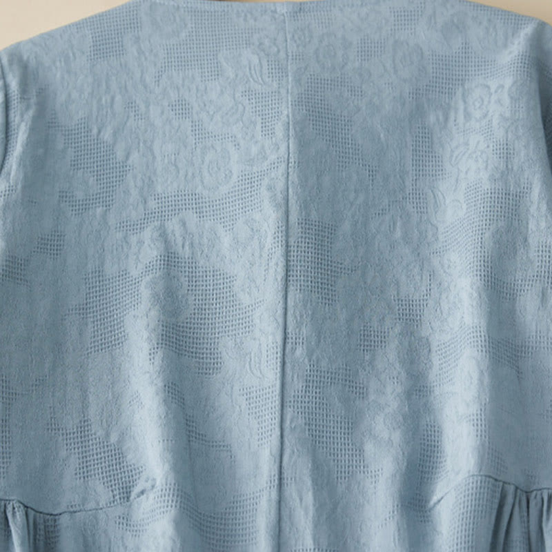 Buddha Stones Casual Plain Jacquard Short Sleeve Cotton Midi Dress