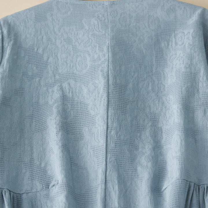 Buddha Stones Casual Plain Jacquard Short Sleeve Cotton Midi Dress
