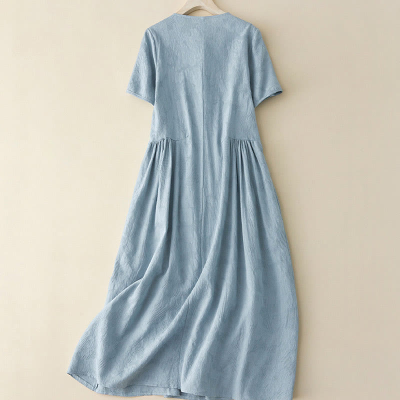 Buddha Stones Casual Plain Jacquard Short Sleeve Cotton Midi Dress