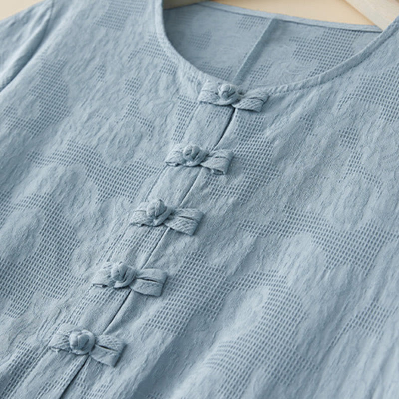 Buddha Stones Casual Plain Jacquard Short Sleeve Cotton Midi Dress