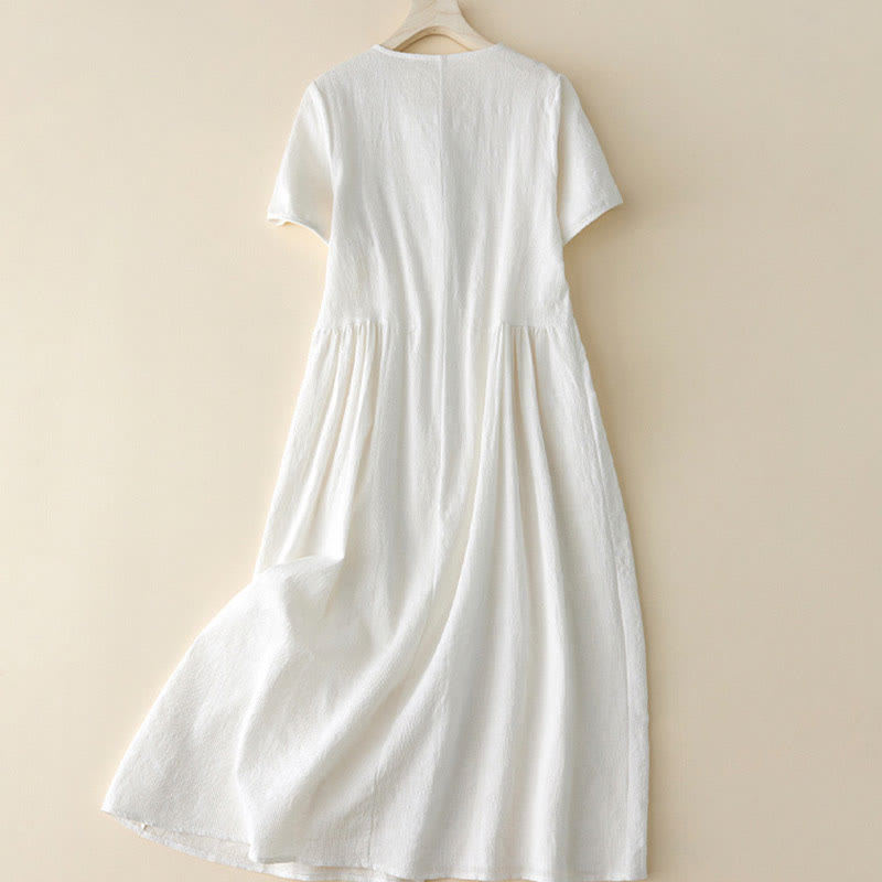 Buddha Stones Casual Plain Jacquard Short Sleeve Cotton Midi Dress