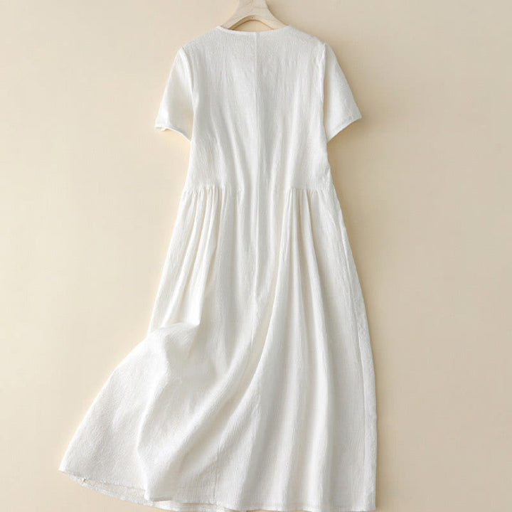 Buddha Stones Casual Plain Jacquard Short Sleeve Cotton Midi Dress