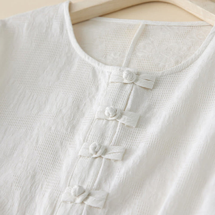 Buddha Stones Casual Plain Jacquard Short Sleeve Cotton Midi Dress