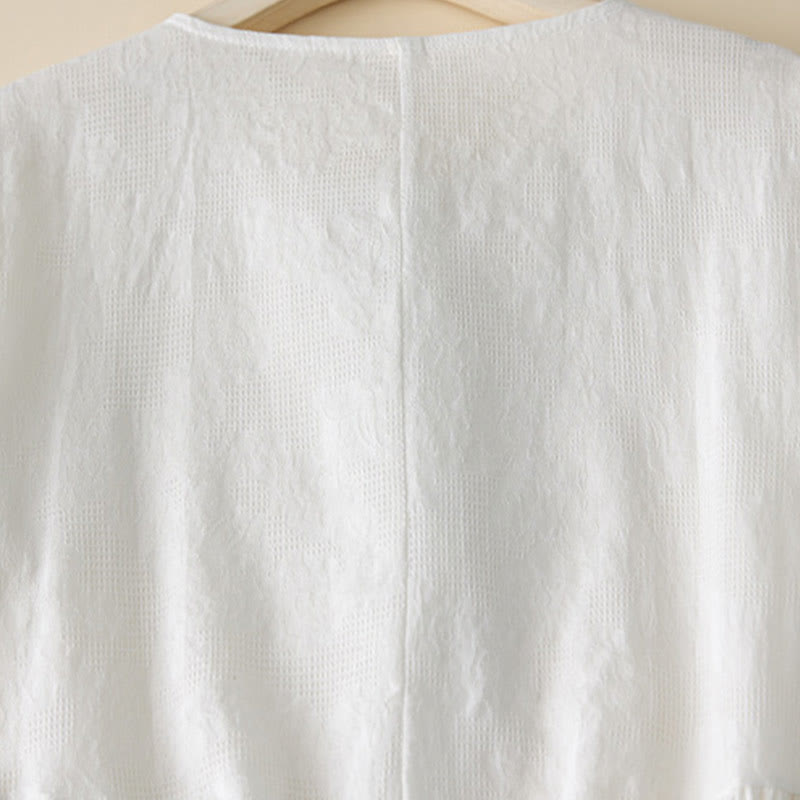 Buddha Stones Casual Plain Jacquard Short Sleeve Cotton Midi Dress