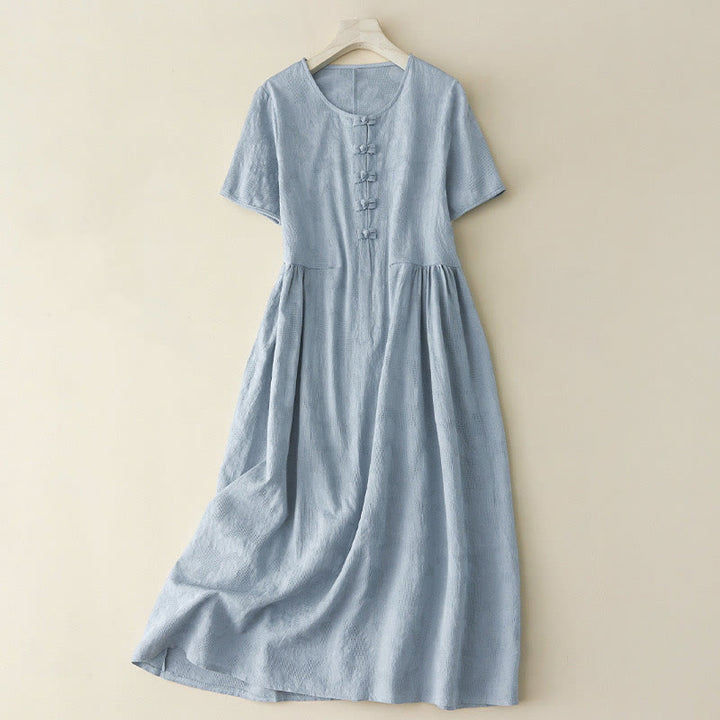 Buddha Stones Casual Plain Jacquard Short Sleeve Cotton Midi Dress