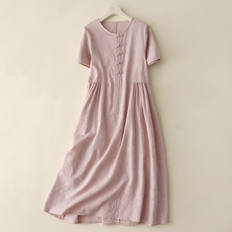 Buddha Stones Casual Plain Jacquard Short Sleeve Cotton Midi Dress
