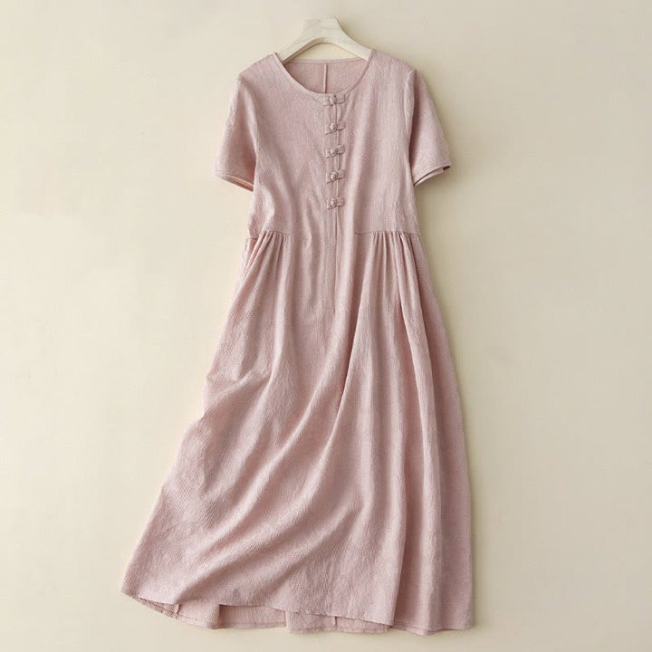 Buddha Stones Casual Plain Jacquard Short Sleeve Cotton Midi Dress
