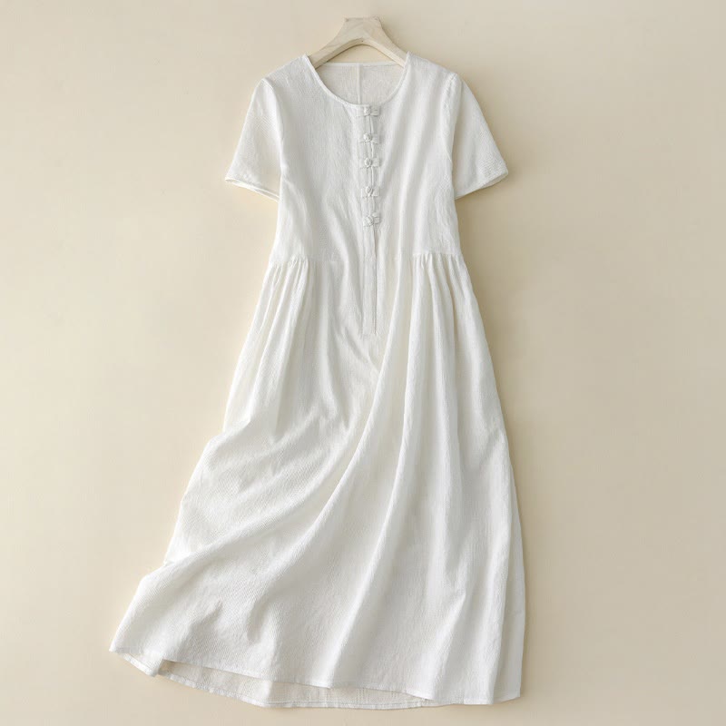 Buddha Stones Casual Plain Jacquard Short Sleeve Cotton Midi Dress