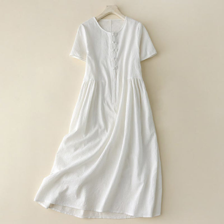 Buddha Stones Casual Plain Jacquard Short Sleeve Cotton Midi Dress