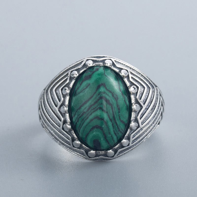 Buddha Stones Oval Vintage 925 Sterling Silver Malachite Bead Calmness Ring - image 2