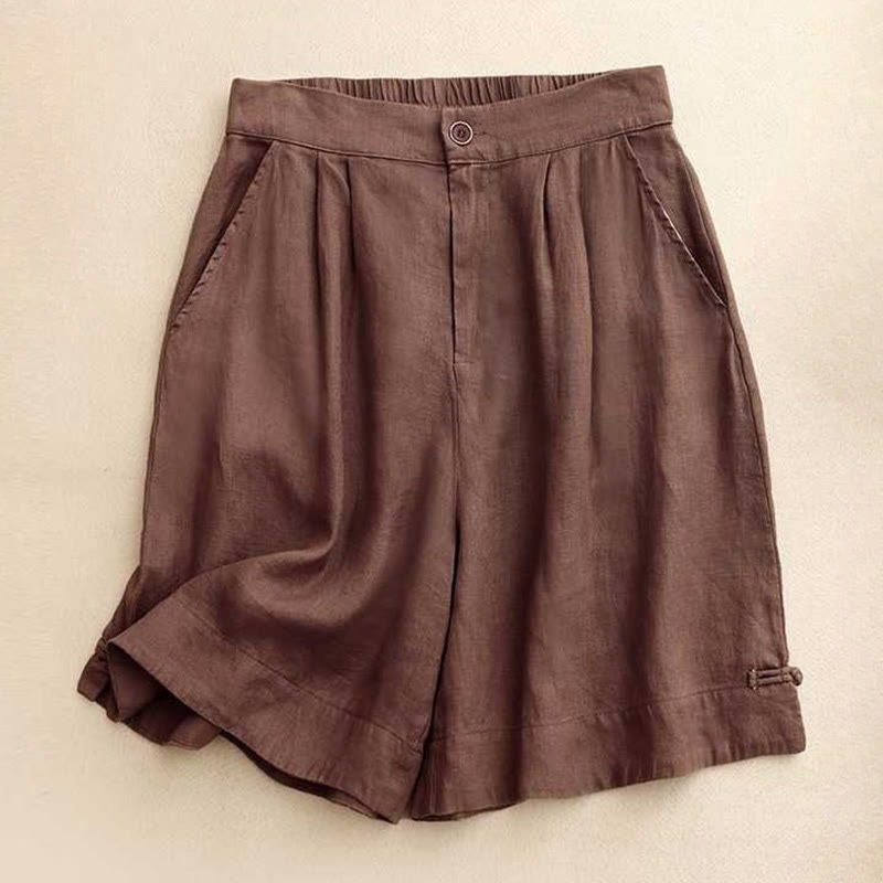 Buddha Stones Summer Casual Solid Color Zipper Button Frog Button Women's Shorts With Pockets - SaddleBrown - US12，UK/AU16，EU44 (2XL) - image 0