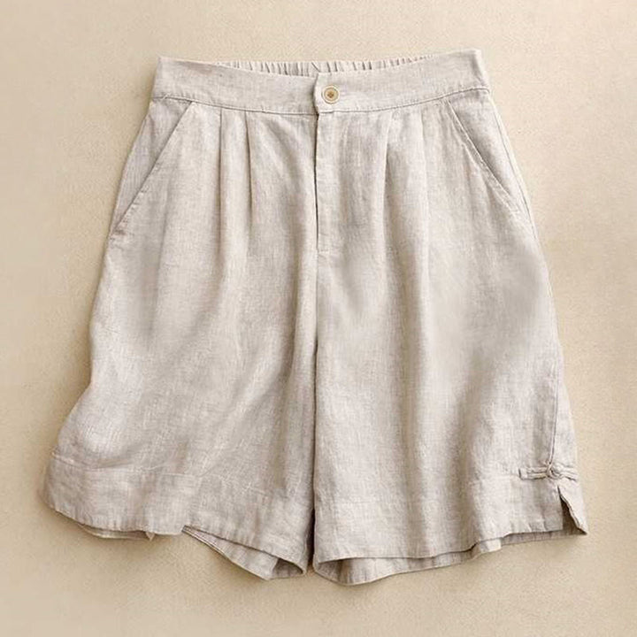 Buddha Stones Summer Casual Solid Color Zipper Button Acrylic Fiber Frog Button Women's Shorts With Pockets - Linen - US12，UK/AU16，EU44 (2XL) - image 12