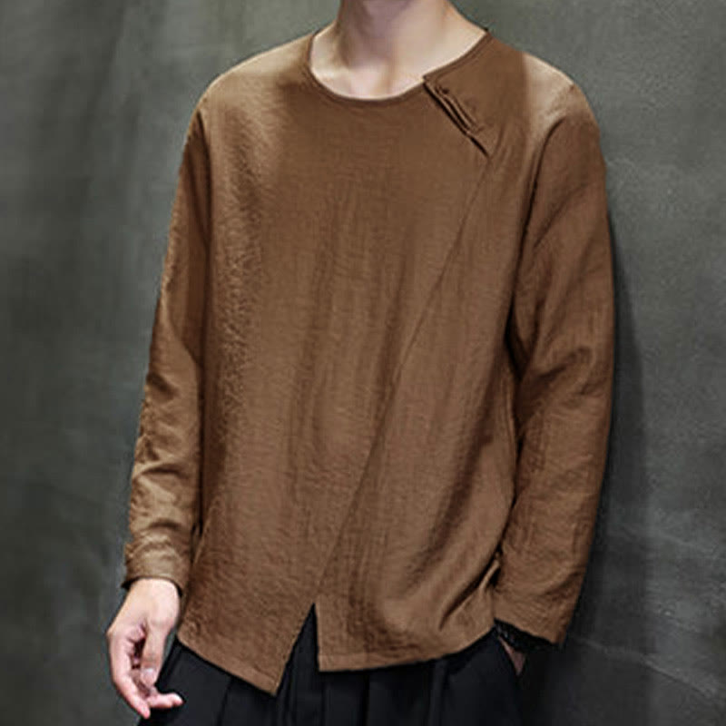 Buddha Stones Solid Color Loose Long Sleeve Round Neck Cotton Men's Shirts - image 41