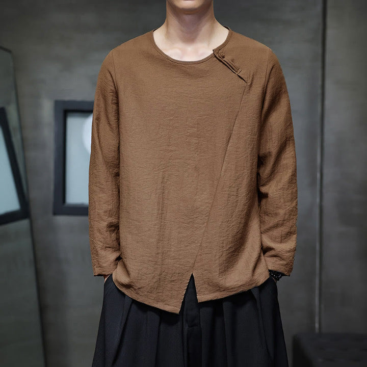 Buddha Stones Solid Color Loose Long Sleeve Round Neck Cotton Men's Shirts - Peru - US/UK/AU46，EU56 (5XL) - image 34