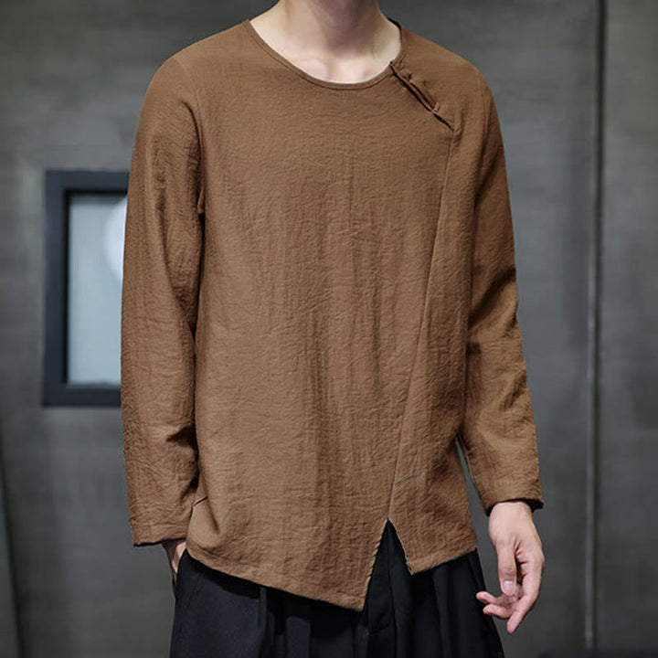 Buddha Stones Solid Color Loose Long Sleeve Round Neck Cotton Men's Shirts - image 36