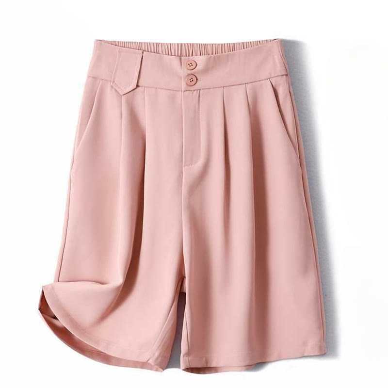 Buddha Stones Summer Casual Zipper Button Loose Plain Cotton Linen Women's Shorts With Pockets