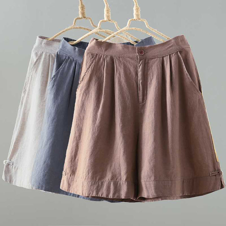 Buddha Stones Summer Casual Solid Color Frog Button Zipper Button Acrylic Fiber Women's Shorts With Pockets - image 21