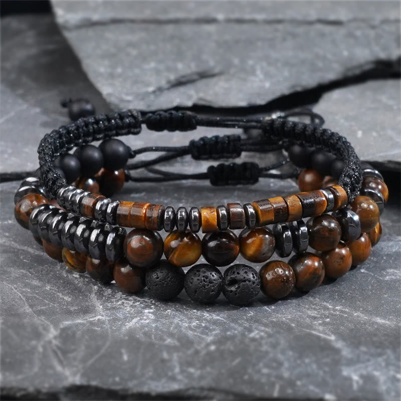 Buddha Stones 3Pcs Tiger Eye Lava Rock Protection Bracelet Set - image 1