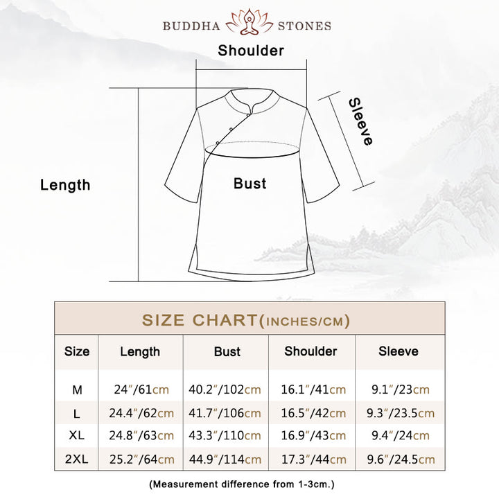 Buddha Stones Plum Blossom Embroidery Frog-Button Short Sleeve Cotton Linen Shirt - image 3