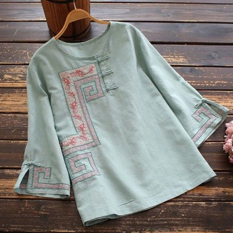 Buddha Stones Vine Embroidery Frog-button Cotton Linen Three Quarter Sleeve Women's Shirt - PowderBlue - US14，UK/AU18，EU46 (4XL) - image 2