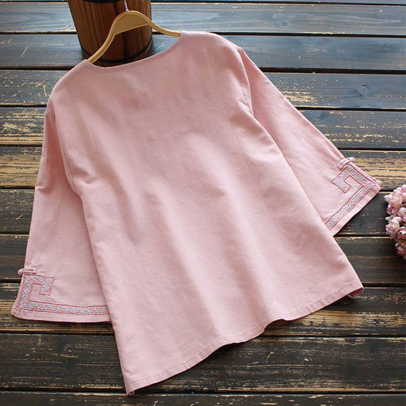 Buddha Stones Vine Embroidery Frog-button Cotton Linen Three Quarter Sleeve Women's Shirt - image 4