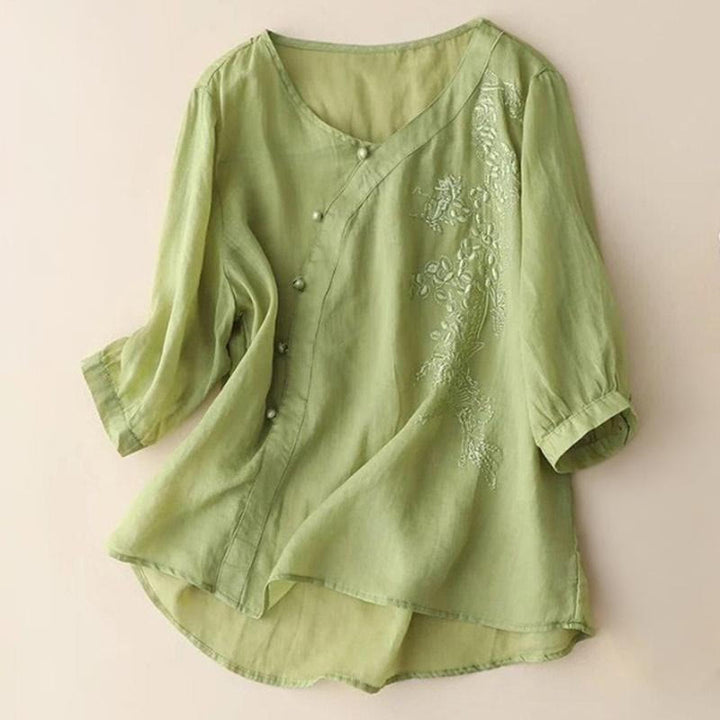 Buddha Stones Casual Loose Flower Embroidery Frog Button Short Sleeve Women's Shirt - YellowGreen - US14，UK/AU18，EU46 (4XL) - image 1
