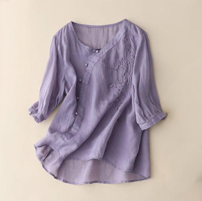 Buddha Stones Casual Loose Flower Embroidery Frog Button Short Sleeve Women's Shirt - MediumPurple - US14，UK/AU18，EU46 (4XL) - image 3