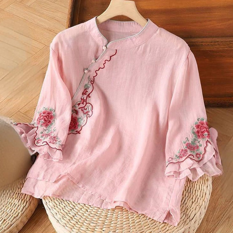 Buddha Stones Casual Loose Peony Embroidery Frog Button Three Quarter Sleeve Cotton Linen Women's Shirt - Pink - US14，UK/AU18，EU46 (4XL) - image 2
