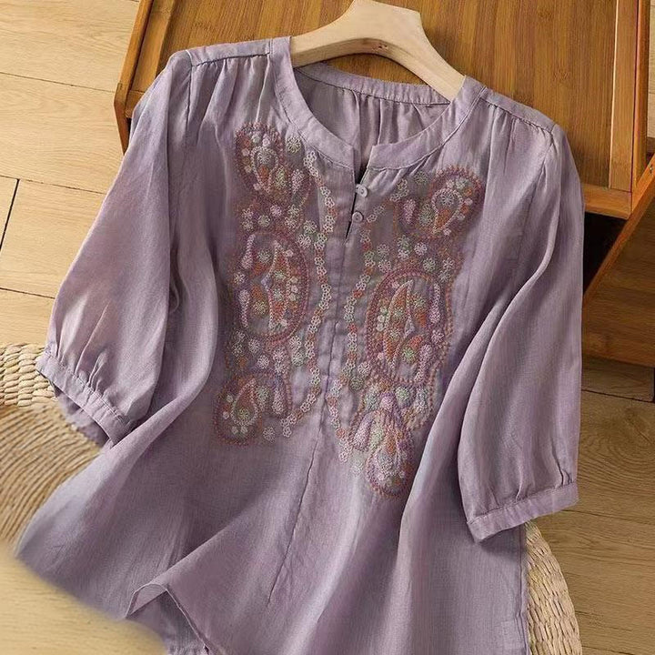 Buddha Stones Casual Loose Embroidery Frog Button Half Sleeve Crew Neck Cotton Women's Shirt - MediumPurple - US12，UK/AU16，EU44 (3XL) - image 0