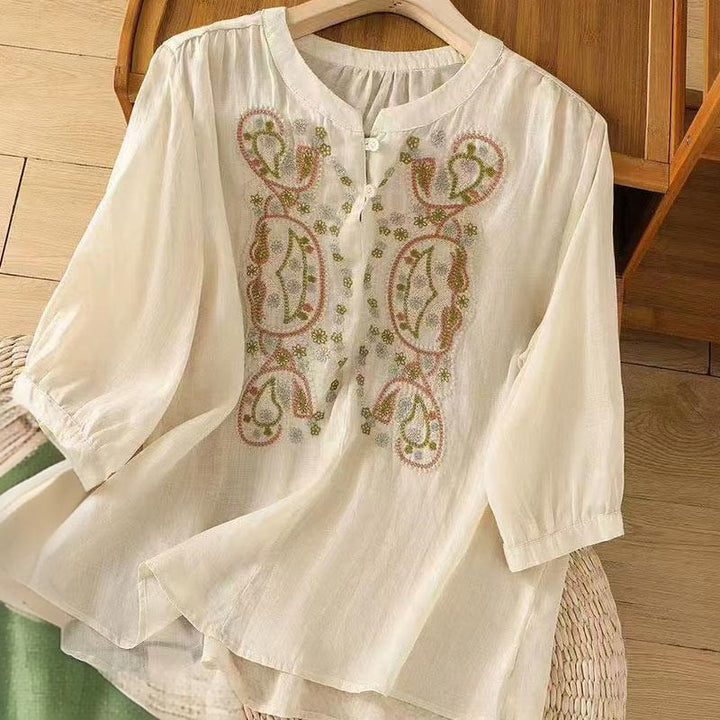 Buddha Stones Casual Loose Embroidery Frog Button Half Sleeve Crew Neck Cotton Women's Shirt - Beige - US12，UK/AU16，EU44 (3XL) - image 5