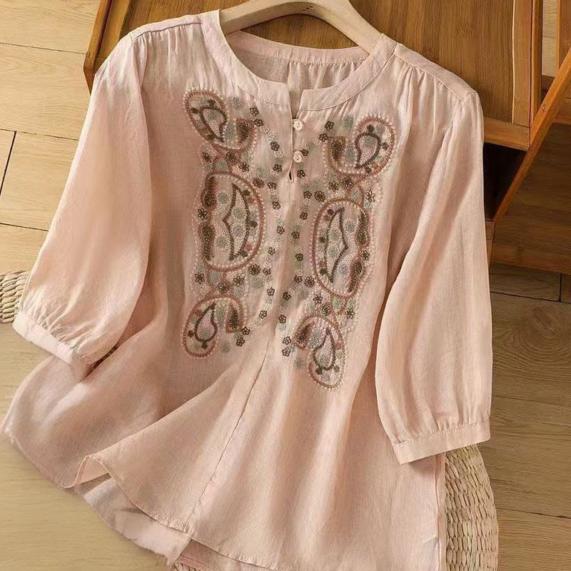 Buddha Stones Casual Loose Embroidery Frog Button Half Sleeve Crew Neck Cotton Women's Shirt - Pink - US12，UK/AU16，EU44 (3XL) - image 12