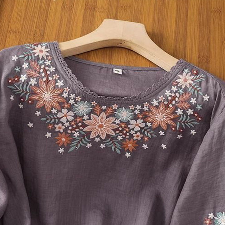 Buddha Stones Casual Flower Leaf Embroidery Women's Crew Neck Design Three Quarter Sleeve Cotton Linen T-shirt - image 1