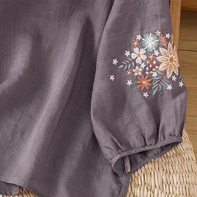 Buddha Stones Casual Flower Leaf Embroidery Women's Crew Neck Design Three Quarter Sleeve Cotton Linen T-shirt - image 3