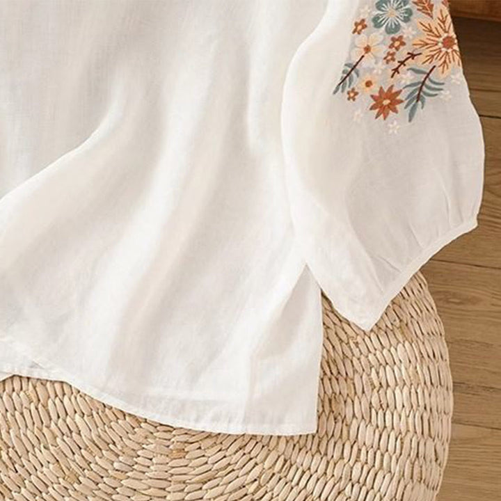 Buddha Stones Casual Flower Leaf Embroidery Women's Crew Neck Design Three Quarter Sleeve Cotton Linen T-shirt - image 10