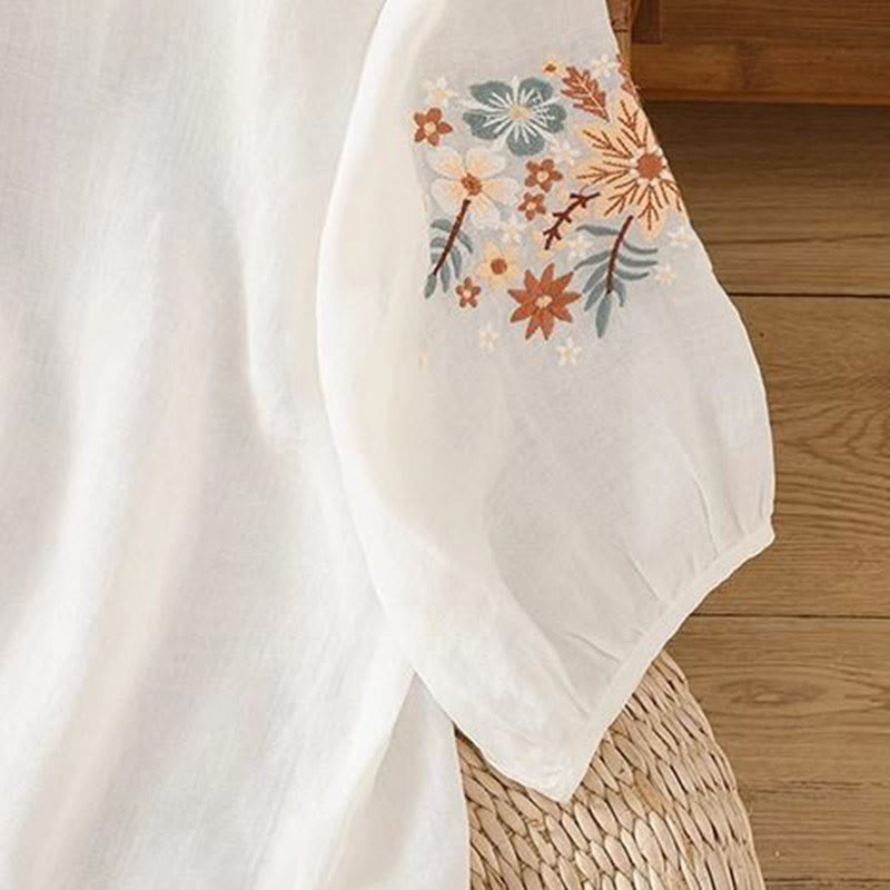 Buddha Stones Casual Flower Leaf Embroidery Women's Crew Neck Design Three Quarter Sleeve T-shirt - image 9