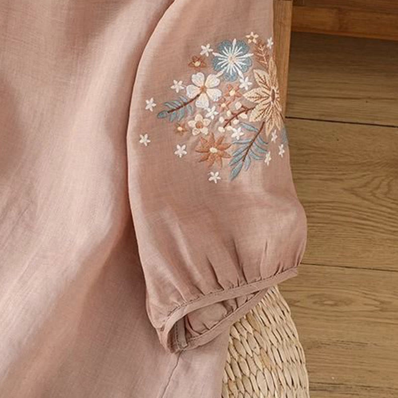 Buddha Stones Casual Flower Leaf Embroidery Women's Crew Neck Design Three Quarter Sleeve T-shirt - image 15
